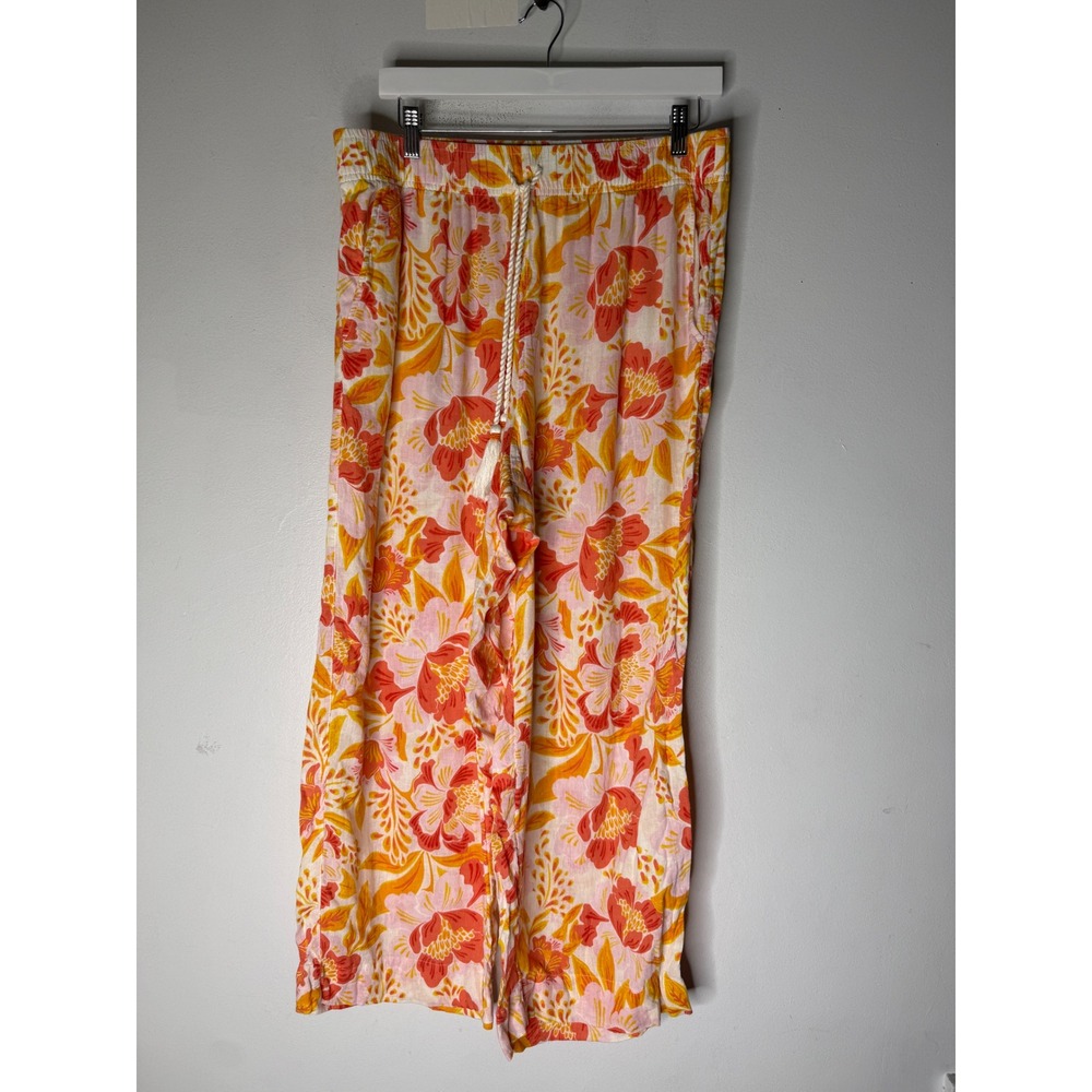 Floral Wide Leg Linen Blend Pants Orange Pink Tropical Tassel Drawstring XL